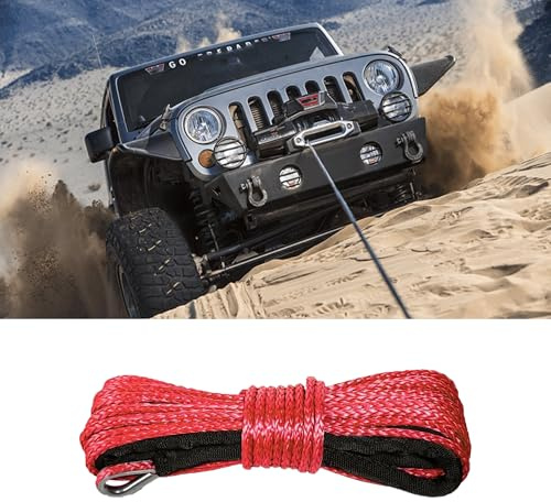 Alieemo 1/4 Inch x 50 Foot 10000 lb Synthetic Winch Rope Kit, Red | sleeve and thimble included, lightweight recovery line, fits matching ATV UTV or truck winches, off-road accessories