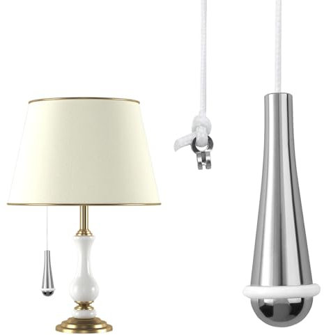 ASIRYVA 1 Pcs Bathroom Light Pull, Chrome Teardrop Pull Cord Handle with 150cm White Nylon String Extension for Bathroom Toilet Ceiling Light Fan Blind