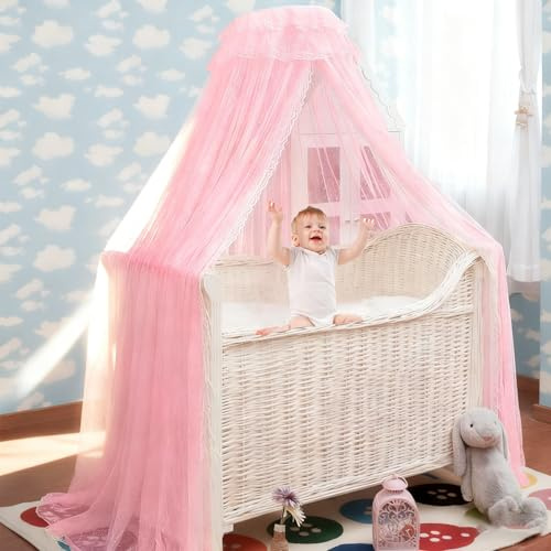 Cioquli 220cm Betthimmel Babybett, Baldachin Kinderzimmer mit Himmelstange und Dekorative Aufkleber, Himmelbett für Prinzessin Babywiege, Beistellbett Baby, Babyzimmer Deko（Rosa）