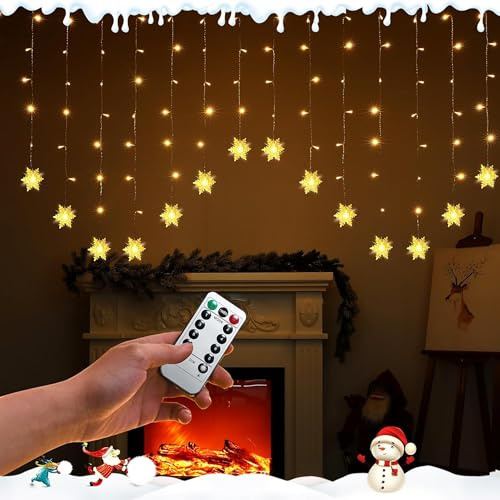 Arespark 2x1M Schneeflocken Lichtervorhang, 8Modi Weihnachtesbeleuchtung USB/Batterie, 104 LED Lichterketten mit Timer, IP44 Lichterkettenvorhang für Balkon, Fenster, Hochzeit, Weihnachten Deko