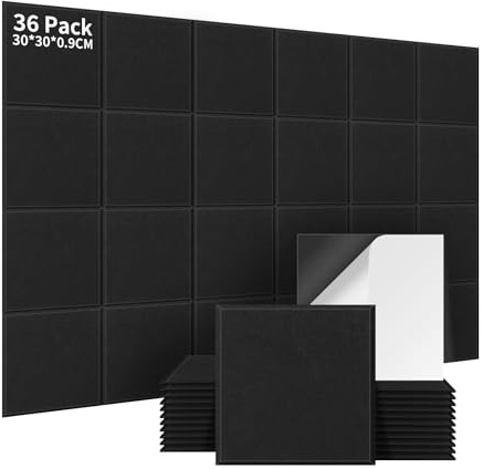 AsmeSonic 36 Stück 3,24㎡ Akustikplatten Selbstklebend 30x30x0.9cm Schwarz | Akustikpaneele mit hoher Dichte 230kg/m³, Akustische Behandlung und Dekoration für Tonstudio Gaming Deko und Studio Schwarz