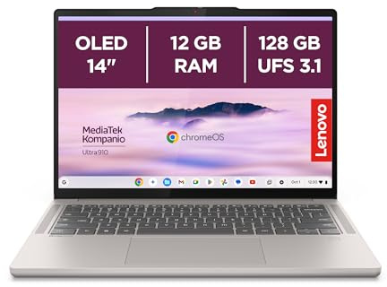 Lenovo Chromebook Plus Gen 10 - Ordenador Portátil 14'' WUXGA OLED (MediaTek Kompanio Ultra 910, 12GB RAM, 128GB UFS, ChromeOS)-Seashell+1 año de Google AI Pro con Gemini Pro y 5TB de Almacenamiento