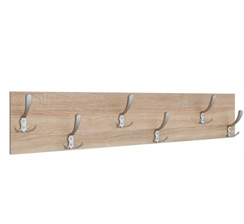 Loft Design Wandgarderobe, Sonoma Eiche, 100 x 20 cm, Holzplatte 18mm, 6 Satinierte Haken, Industrieller Stil, Flurgarderobe für Jacken und Mäntel