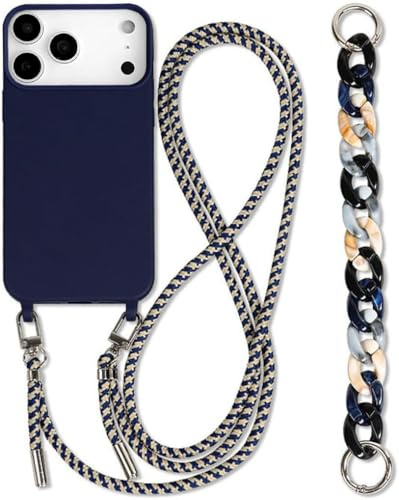 Galful Coque iPhone 17 Pro avec Cordon de Collier pour iPhone 17 Pro Étui Bracelet Réglable Lanyard Housse avec 2 Chaine Bandouliere Collier Corde TPU Silicone Case Mince Cover-Bleu foncé