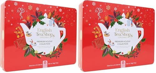 English Tea Shop Organic Premium Holiday Collection Snowflake Red Gift Tin 36 Tea Bag Sachets - 6 Different Flavours (Pack of 2)