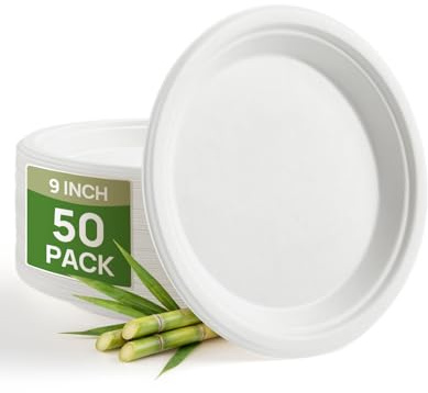 Goodluck 9 Inch Paper Plates,50 Pack Disposable Sugarcane Plates | 100% Compostable Biodegradable,Heavy Duty Eco-Friendly,Perfect for Everyday Use, BBQ, Wedding, Office, Picnics and Parties