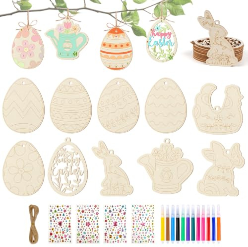 ARTREE Ostern Bastelset Kinder Holz Anhänger zum Bemalen – 30 Stk DIY Osterdeko & Frühlingsdeko Bastelset mit Stiften & Stickern – Hängeschmuck für Osterbaum, Fenster, Schule & Zuhause