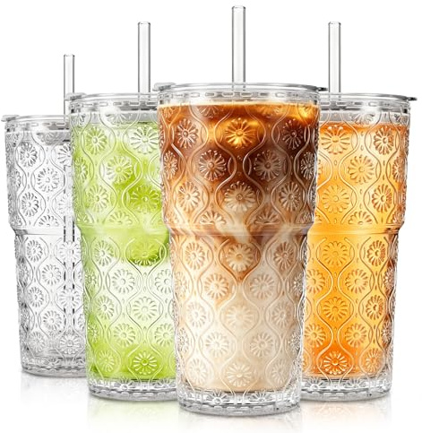 SoulTimes 600 ml Glasbecher mit Deckel und Strohhalm, 4 Stück – Eiskaffee-Gläser To Go, Trinkbecher für Smoothie, Matcha, Saft & Wasser, auslaufsicher, perfekt für Alltag und unterwegs