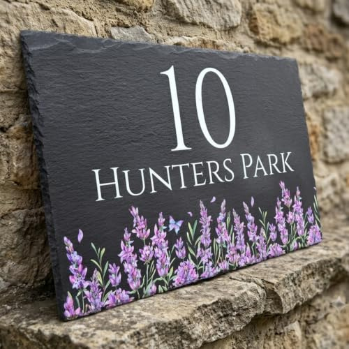 Personalised Slate Address Sign - Custom Floral Plaque, Natural Rustic Weather Resistant Door Name Plate, Made in UK 20 x 30 cm