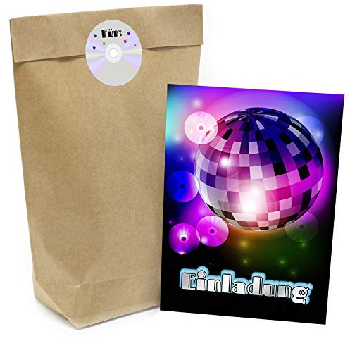 Kindergeburtstag Einladung Set mit je 8 Einladungskarten, Umschlägen, Tüten und Aufkleber - Motiv: Party/Disko