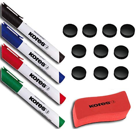 Kores WhiteboardMarker Starter Set, 4 Marker Rundspitze + Tafellöscher M20864 (Marker Whiteboard Set + Magnete, Schwarz (Magnete))