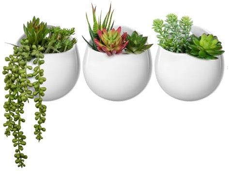 Mkono Wall Planter with Artificial Plants, Decorative Potted Fake Succulents Picks Assorted Faux Succulent in Modern Ceramic Hanging Plant Pot Vase for Home Decor, Set of 3