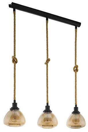 EGLO Pendellampe Rampside, 3 flammige Vintage Pendelleuchte im Industrial Design, Hängelampe aus Stahl, Farbe: Schwarz, braun, Glas: Amber, bedampft, Fassung: E27