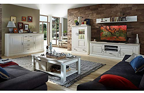 Lomadox Wohnwand im Landhausstil inkl. Sideboard und Couchtisch in Pinie weiß mit Abs. Taupe