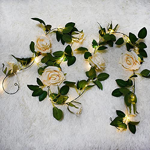 buywin Colorful Rose Fairy String Lights Artificial Flower Garland with LED Copper Light Strings, Rose Vine Lights Decor for Christmas Wedding Bouquets Party Home Window(Champagne)