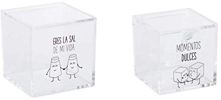 TIENDA EURASIA® Pack Salero y Azucarero Acrílico - Diseño Original Frases - Medidas - 11 x 11 x 11 cm y 8 x 8 x 8 cm