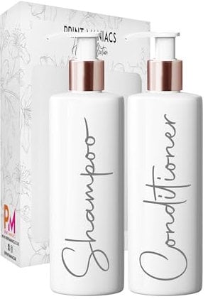 Print Maniacs White Mrs Hinch Inspired Personalised 500ml Bottles Bathroom Lotion Kitchen Shampoo Conditioner Rose Gold Pump (Set 2, F2) (Grey)