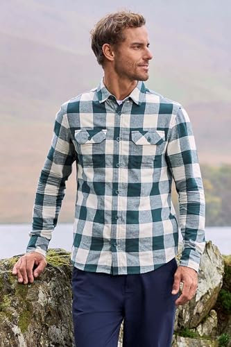 Mountain Warehouse Trace Mens Flannel Long Sleeve Shirt - Lightweight & Breathable Casual Checks Shirt in 100% Cotton with Buttoned Front Pockets - for Travel & Walking Light Khaki M