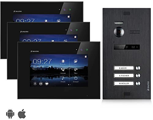 BALTER EVO Video Türsprechanlage, Touchscreen, 7 Zoll Monitor Schwarz, Türstation für Mehrfamilienhaus Schwarz, 2-Draht BUS, 150° Weitwinkel-Kamera (3 Familienhaus (3 Klingel), Mit App)