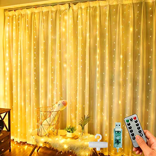 GCMacau Tenda Luci LED, 300 LED Tenda luminosa 3x3m Natale Tenda Luci,Tenda luminosa Luci Cascata Impermeabile 8 Modalità Dimmerabile per Decorare Interni e Esterni Salotto Natale Matrimonio