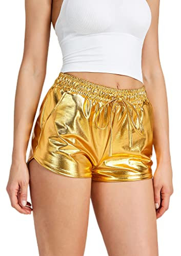NewL Glänzende metallische sexy Damen-Shorts, hohe Taille, reflektierende Hose, glitzerndes Outfit, elastische Taille, Rave, Tanzparty, Gold, S