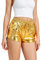 NewL Glänzende metallische sexy Damen-Shorts, hohe Taille, reflektierende Hose, glitzerndes Outfit, elastische Taille, Rave, Tanzparty, Gold, S