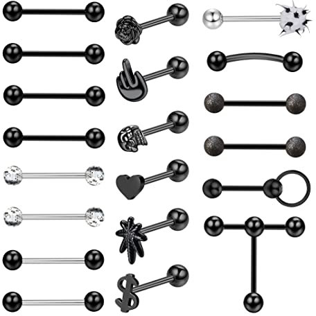 Kakonia 20stk 14G Zungenpiercing für Damen Herren Zungenpiercing Chirurgenstahl Kunststoff Schädel Herz Zunge Piercing Set