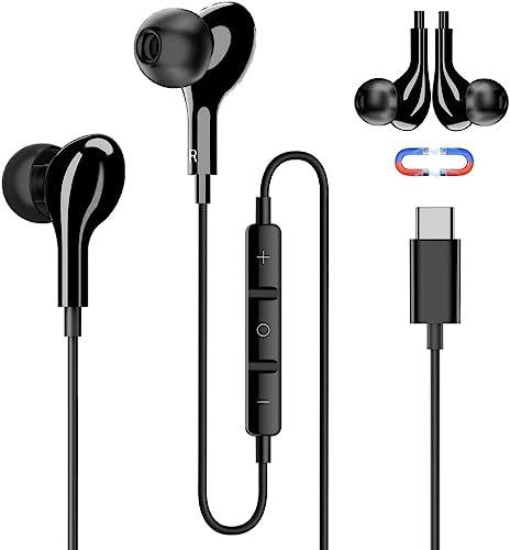 USB type-C Earphones for Samsung Galaxy S22 / S22 Plus + / S23 Ultra & for All Other Type C Devices. Stereo Headphones Magnetic Wired in Ear, Black Cable Volume Remote Connector.