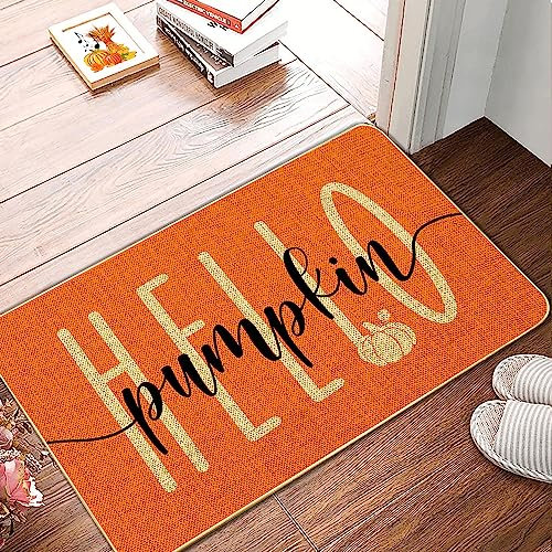 Hello Pumpkin Door Mat Welcome Decorative,Autumn Thanksiving Pumpkin Farmhouse Outdoor Indoor Patio Entrance Door Mats Low Profile Non Slip Outside Inside Floor Mat Rugs for Home Decor 30X18 Inch