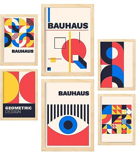 Nacnic Set von 6 Drucken im Bauhaus -Stil 3 Geometrische Designkollektion Drucke mit Frames Ästhetische dekorative Rahmen für Ihr Wohnzimmer, Schlafzimmer, Zuhause Größen A4 und A3 mit Lichtholzrahmen