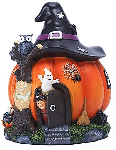 Skeadex Halloween Deko Kürbis Figur leuchtende Harz Kürbis Statue Halloween Figuren Set Kürbis Statue Hexen Kürbis Haus Figur Party Dekorationen Hausdekoration