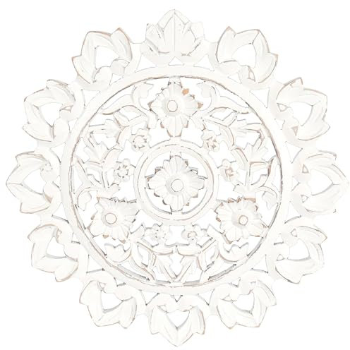 The Wooden Town 12x12 Inch White Antique Floral Wall Panel, Carved Wood Wall Art, Traditional Wall Decor for Bedroom & Living Room