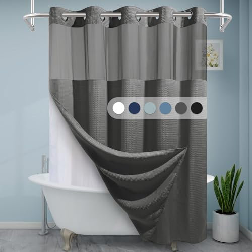 EUTXL Long rideau de douche sans crochet avec doublure à clipser, 230 g/m², tissage gaufré pour salle de bain, 180 x 218 cm (l x H), gris anthracite