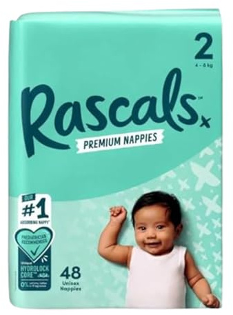 Rascals Premium Babywindeln, bequeme und auslaufsichere Windel für Babys von 4–8 kg, weiche und sanfte Windeln, Größe 2, 48 Stück
