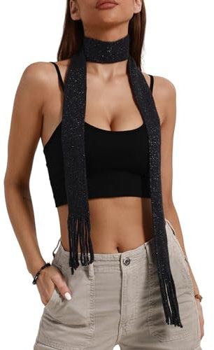 Kobeleen Blingbling Schal für Frauen, lange, schmale Gürtel-Krawatte, Y2K-Mädchen-Foto-Requisiten, langes Halstuch, schmale Schal-Krawatte