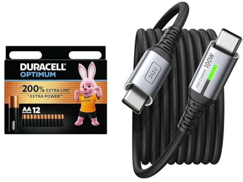 Duracell Optimum AA Batteries - Alkaline Batteries 1.5V - Up To 200% Extra Life & INIU USB C to USB C Charger Cable, 100W PD 5A Fast Charging Type C Cable, 2m Phone Charger USB-C Data Lead