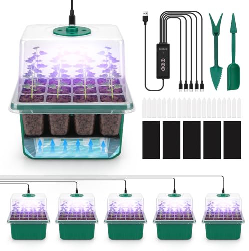 BlumWay Kit de bandeja de inicio de semillas de riego automático, caja de cultivo con lámpara para plantas, 5 unidades de 40 celdas, mini invernadero con controlador de temporizador, brillo ajustable