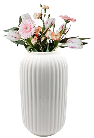 Ceramic Ribbed Vases White 8.27Inch / 21CM High, Vase for Pampas Grass, Modern Glazed Flower Vase for Table Centerpieces, Decorative Vase for Living Room Dinner Table Office Bedroom