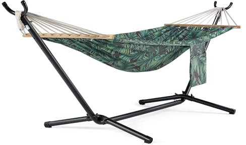 VonHaus Hammock with Stand - Freestanding 1 Person Hammock Seat with Steel Frame - Polycotton Material & Adjustable Frame - Travel Bag for Garden, Beach, Camping & Outdoors - Black & Green Leaf Print