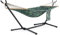 VonHaus Hammock with Stand - Freestanding 1 Person Hammock Seat with Steel Frame - Polycotton Material & Adjustable Frame - Travel Bag for Garden, Beach, Camping & Outdoors - Black & Green Leaf Print