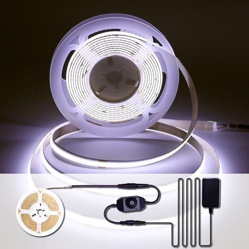 ACELUMO Ruban LED COB Blanc Froid, Bande LED Dimmable avec Alimentation et Variateur, CRI 92+, Largeur 8 mm, Ruban LED 3m pour Armoire, TV, Cuisine, Salon DIY, 6000K