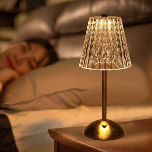 YUNYODA Crystal Table Lamp, 3 Color Dimmable Rechargeable Battery Operated, Gold LED Bedside Touch Table Lamp, Portable Cordless for Bedroom, Living Room, Restaurant, Bar