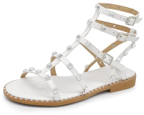 IF Fashion Scarpe Sandali Gladiatore Stivali Estivi da Donna Con Borchie Pelle Sintetica KK-701 bianco N.38