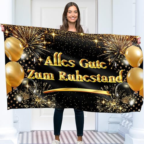 Alles Gute Zum Ruhestand Banner 150 x 90 cm - Rente Gut Girlande - Endlich Ruhestand Deko - Lebendiger Digitaldruck - 110 Den Polyester - Doppelnaht (Schwarz & Gold)