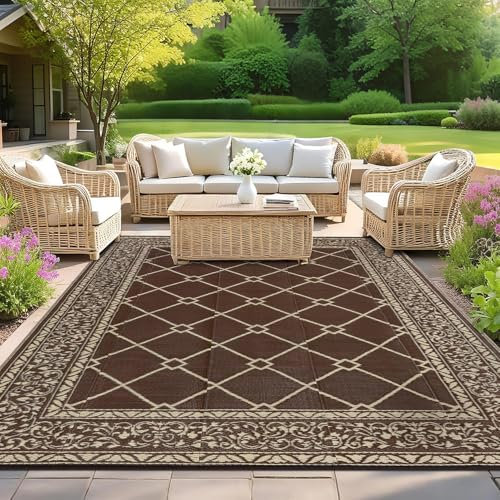 SHACOS Outdoor Teppich Wetterfest 180x270 cm Wendbarer Kunststoffteppich Balkon Teppich Waschbar UV-beständig Picknickdecke Außenteppich für Terrasse Patio Camping Garten, Braun