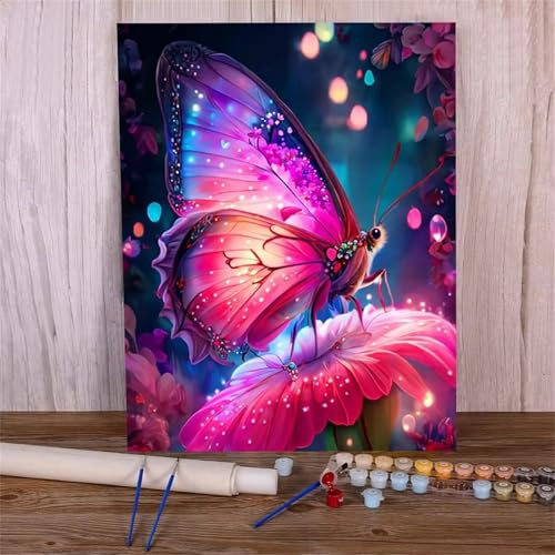 QiHon Peinture par Numéros pour Adultes Papillon, Peinture par Numéro Adulte Fleur Violette, DIY Kits de Peinture à L'huile avec Peinture et Pinceau 30x40cm (Cadre DIY)