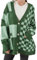 Nokiwiqis Damen-Strickjacke Plaid Cardigan, Farbblock, Zopfmuster, Lange Ärmel, offene Vorderseite, V-Ausschnitt, Knopfleiste, Übergroße Pullover Strickmantel Jacke (Grün, L)