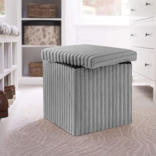 GC GAVENO CAVAILIA Ottoman Storage Box Chest With Lid | 38X38X38 Cm Pink Ottoman Blanket Box Seat | Foldable Storage Bench Footstool Toy Box For Living Room Hallway (Ribbed Grey, Medium)