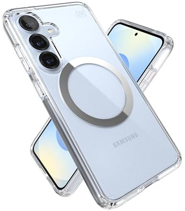 Speck Samsung Galaxy S25 Hülle – Magnethülle, 3,5 m Fallschutz, Anti-Vergilbung – Samsung S25 Hülle Magsafe – erhöhte Einfassung und verbesserte Tasten – Presidio Perfect-Clear – transparent/Chrom (1