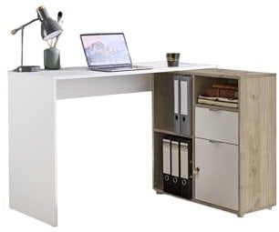 BMG Möbel Eckschreibtisch Leni, Homeoffice Schreibtisch (Weiß/Jackson Hickory Oak)